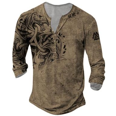 Men's Graphic Viking Henley Shirt Tee Long Sleeve 3D Print Vintage Fashion Designer Outdoor Casual Daily Spring &  Fall Navy Blue Brown Green Gray Henley Henley T-Shirt