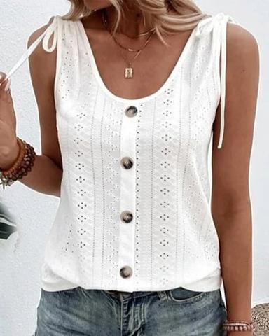 Women's Tank Top Eyelet top Dressy Tops Basic Plain Regular Tops Sleeveless Sleeveless U Neck Buttons Regular Fit Daily Weekend Light Blue claret Black White Pink