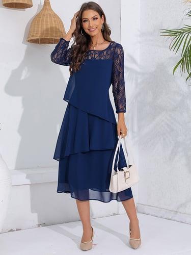 Women's Wedding Guest Cocktail Dress Lace Ruffle Elegant Vacation Spring Winter Midi Dress Crew Neck Long Sleeve Navy Blue
