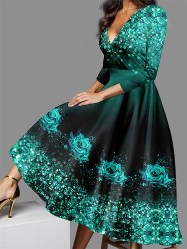 Women's Casual Dress Winter Dress Floral Print V Neck Midi Dress Date Vacation 3/4 Length Sleeve Fall Winter