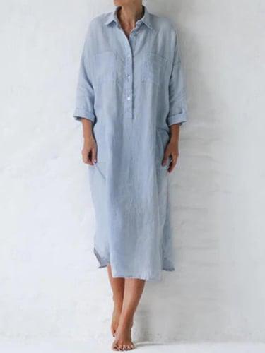 Women's White Dress Linen Dress Shirt Dress Midi Dress Button Pocket Casual Daily Shirt Collar Long Sleeve Summer Spring White Blue Plain