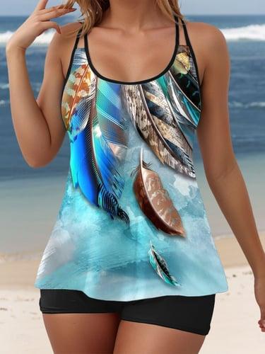 Women's Swimwear Tankini 2 Piece Boy Leg Swimsuit Backless Vacation Beach Wear Graphic U Neck Sleeveless Bathing Suits