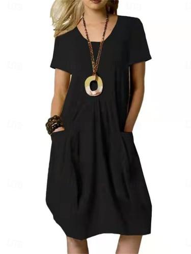 Women's Casual Dress Cotton Linen Dress Stylish Basic Casual Plain Mini Dress Short Sleeve V Neck Pocket Regular Fit Vacation Daily Black Khaki Army Green Summer Spring