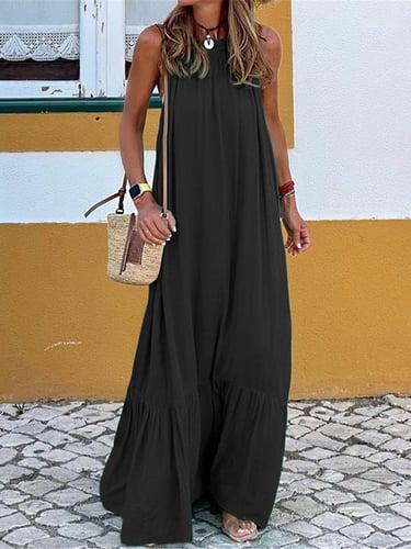 Women's Casual Dress Long Dress Maxi Dress Ruched Vacation Beach Streetwear Maxi Halter Neck Sleeveless Black Red Green Color