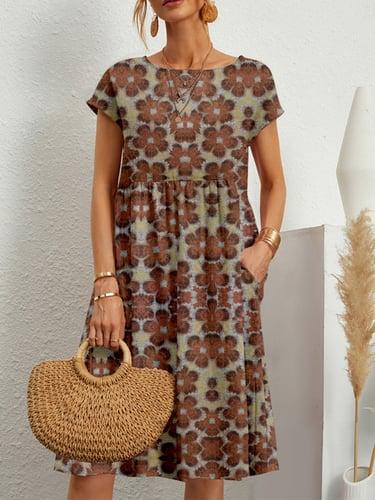 Women's Cotton Linen Dress A Line Dress Stylish Classic Casual Floral Midi Dress Short Sleeve Crew Neck Print Regular Fit Vacation Daily Dark Brown Red Green Summer