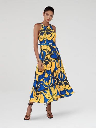 Women's Midi Dress Midi Dress Yellow Green Sleeveless Floral Belted Printing Spring & Summer High Neck Pattern Dress S M L