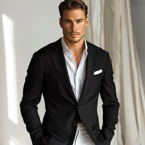 Men's Blazer Outdoor Sports & Outdoor Causal Pocket Daily Spring &  Fall POLY Solid Color Button Pocket Thermal Warm Sunscreen Double Breasted Blazer Black