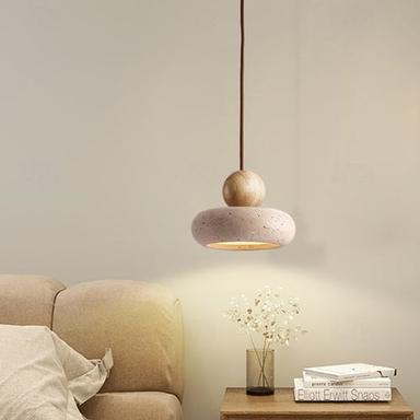 Wabi Sabi Natural Stone Shade Pendant Lamp Round Modern Wood Chandelier Bedroom Bedside Light for Living Dining Room Table Ceiling Hanging Lamp 15cm 110-240V