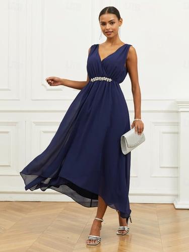 Women's Wedding Guest Cocktail Dress A Line Maxi  Chiffon Ruched Tiered Elegant V Neck Sleeveless dress Navy Blue Color