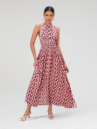 Rayon Geometric Lace Trim Maxi Dress
