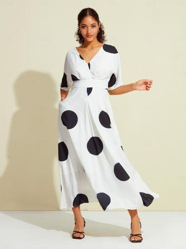 Satin Hem Polka Dot Waistband V Neck Maxi Dress
