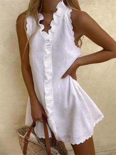 Women's White Dress Linen Dress Sundress Mini Dress Cotton Ruffle Casual Daily Vacation V Neck Sleeveless Summer Spring White Plain
