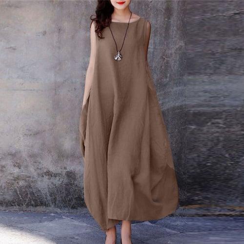 Women's Casual Dress Cotton Summer Dress Maxi Dress Pocket Basic Casual Daily Boat Neck Sleeveless Summer Spring Purple Brown Pure Color
