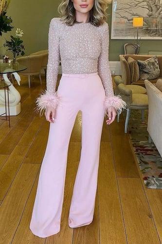 Women's Jumpsuit for Special Occasions Party Solid Color Feather Patchwork Wide Leg Long Sleeve Cocktail Fall Disco