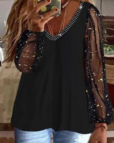Women's Plus Size Going Out Tops Blouse Concert Tops Elegant Vintage Fashion Mesh Long Sleeve V Neck Vacation Daily Date Black Spring Fall