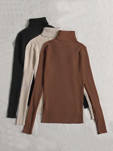 Women's Pullover Sweater Jumper Basic Casual Solid Color Ribbed Turtleneck Knitted Thin Long Sleeve Knit Daily Black+White+Gray Black+Apricot+Brown Fall Winter