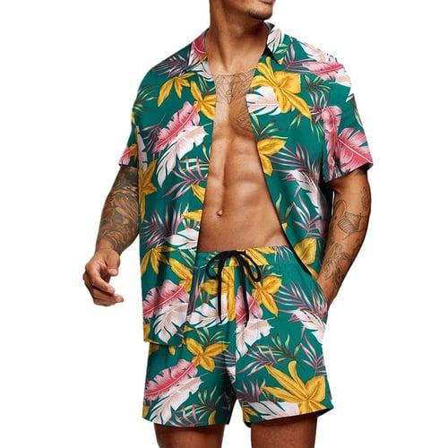 Men's Graphic Palm Leaf Tropical Plants 2pcs Summer Hawaiian Shirt Short Sleeve Short Pants Shirts Sets Turndown Designer Beach Vacation Casual Daily 3D Silver Red / White Green / Black