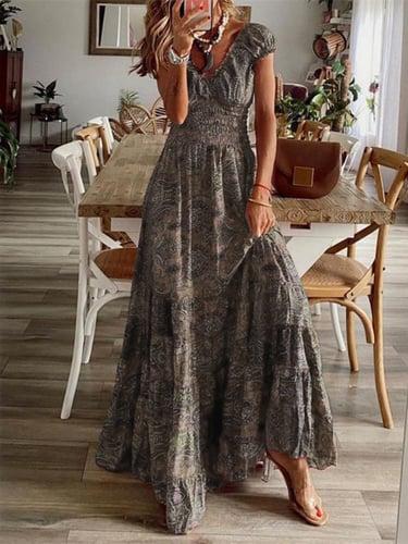 Women's Cotton Vintage Dress Casual Dress Graphic Ruched Print V Neck Maxi long Dress Vintage Bohemian Vacation Beach Short Sleeve Summer Spring