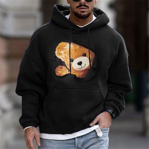 Men's Bear Graphic Prints Pullover Hoodie Sweatshirt Long Sleeve Hooded Sweatshirt Hooded Streetwear Daily Sports Black White Print Spring &  Fall Designer