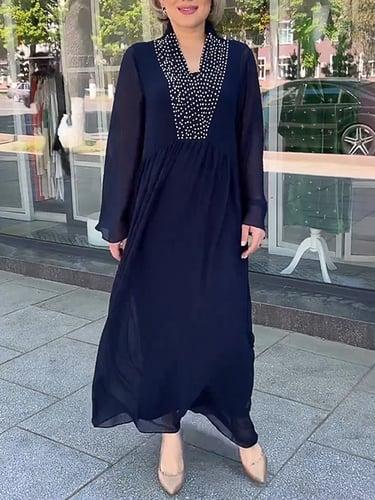 Women's Casual Dress Long Dress Maxi Dress Chiffon Ruched Daily Date Fashion Basic V Neck Long Sleeve Navy Blue Color