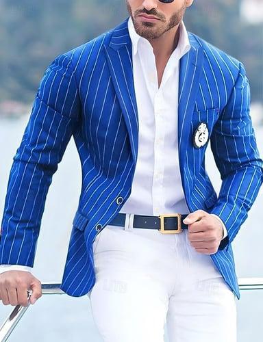 Men's Cocktail Attire Blazer Business Formal Evening Wedding Party Only tops Fashion Casual Summer Spring &  Fall Polyester Stripes Pocket Casual / Daily Single Breasted Blazer Black White Yellow Pink