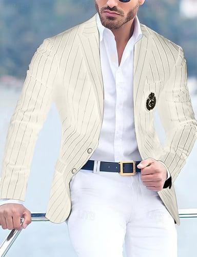 Men's Cocktail Attire Blazer Business Formal Evening Wedding Party Only tops Fashion Casual Summer Spring &  Fall Polyester Stripes Pocket Casual / Daily Single Breasted Blazer Black White Yellow Pink