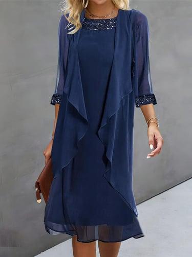 Women's Wedding Guest Cocktail Dress Chiffon Daily Fashion Patchwork Sequin Casual   Elegant Two Piece Dress Set Fall Winter Midi Dress Crew Neck 3/4 Length Sleeve Plain Navy Blue