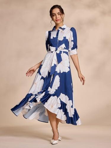 Blue Floral Print Ruffle Elegant Maxi Dress