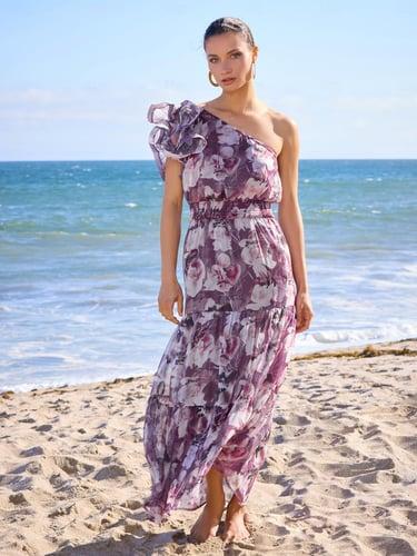 Chiffon Wedding Guest Rose Red Floral One Shoulder Short Sleeve Maxi Dress