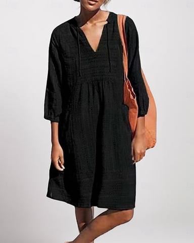 Women's Linen Dress Cotton Summer Dress Midi Dress Basic Casual Daily Vacation V Neck 3/4 Length Sleeve Summer Spring Black Blue Plain