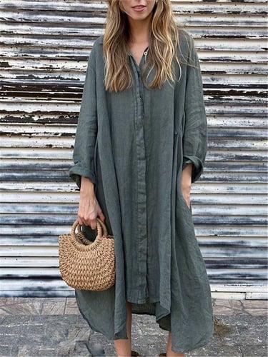 Women's Shirt Dress Maxi Dress Buttons Pocket Casual Shirt Collar Long Sleeve Green Apricot Color