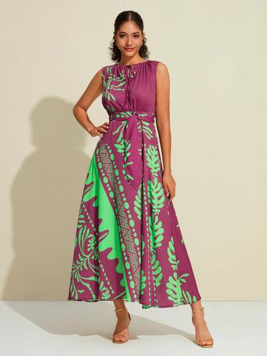 Women's Hem Maxi Maxi Dress Rose Red Sleeveless Plants Belted Print Summer Round Dresses Vacation S M L