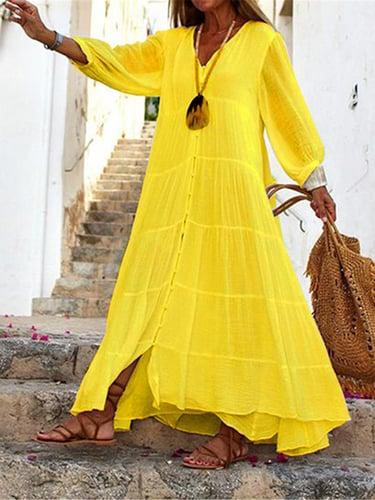 Women's White Dress Shirt Dress Cotton Linen Dress Maxi long Dress Ruffle Button Basic Daily V Neck 3/4 Length Sleeve Summer Spring White Yellow Plain
