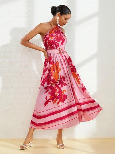 Women's Print Dress Maxi Dress Pink Sleeveless Floral Floral Style Buckle Summer One Shoulder Dresses Vacation S M L