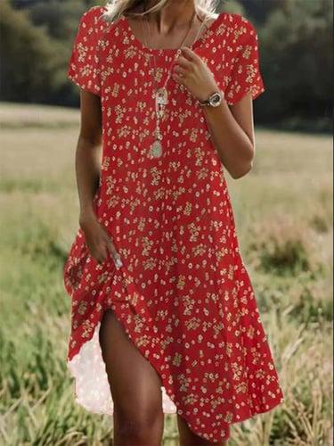 Women's Ditsy Floral Print Crew Neck Mini Dress Stylish Casual Daily Short Sleeve Summer