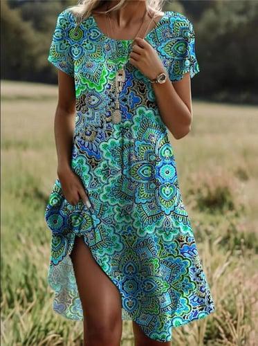 Women's Ditsy Floral Print Crew Neck Mini Dress Stylish Casual Daily Short Sleeve Summer