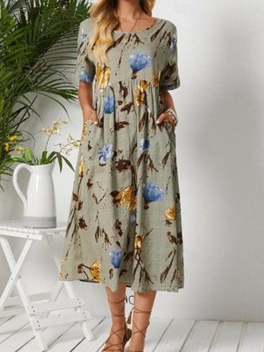 Women's Casual Dress Cotton Linen Dress Stylish Casual Floral Long Dress Maxi Dress Short Sleeve Crew Neck Print Regular Fit Vacation Daily Green Summer