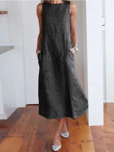 Women's Casual Dress Cotton Linen Dress Sundress Midi Dress Pocket Print Daily Crew Neck Sleeveless Summer Spring Black Blue Striped