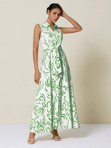 Women's Shirt Dress Maxi Dress Blue Green Beige Sleeveless Curve Pocket Printing With Belt Summer Shirt Collar A Line XS S M