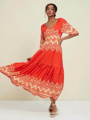 Satin Folk Print Half Sleeve V Neck Maxi Dress