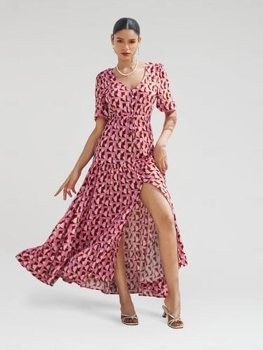 Women's Resort Wear Long Dress Maxi Dress Pink Short Sleeve Geometic Drawstring Spring & Summer V Neck beach vacation XS S M