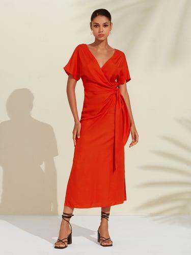 Women's Tencel Linen Orange Red V Neck Shirred Wrap Midi Dress