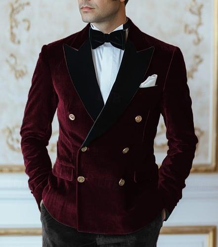 Men's Blazer Jacket Tuxedo Vintage Party Velvet Patchwork Solid Colored Blazer Burgundy Green Standard Fit