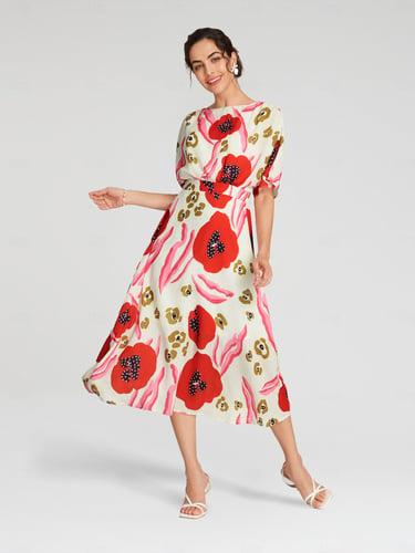 Floral Elastic Waist Half Sleeve Midi Dress