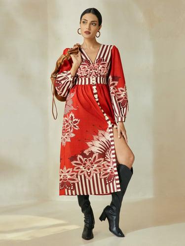 Orange Striped Floral V Neck Midi Dress