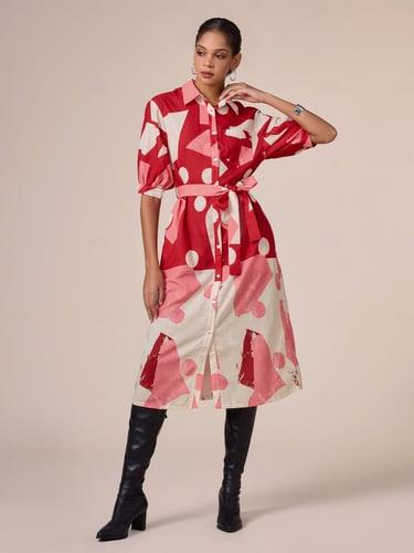 Red Polka Dot Printing V Neck Casual Midi Dress