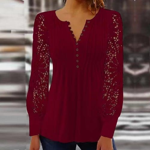 Women's Cotton Lace Shirt Blouse Dressy Tops Elegant Fashion Basic Solid Color Pleated Patchwork Long Sleeve Regular Tops Notched Neck Casual Daily White Red Spring Fall