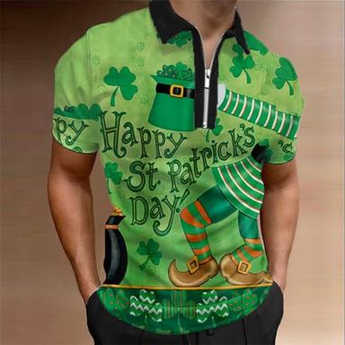 St.Patrick's Day Men's Polo Shirt Golf Shirt Zip Polo Cartoon Letter Saint Patrick Day St. Patrick's Day Clover Turndown Green Outdoor Street Short Sleeves Zipper Print Clothing Apparel Fashion