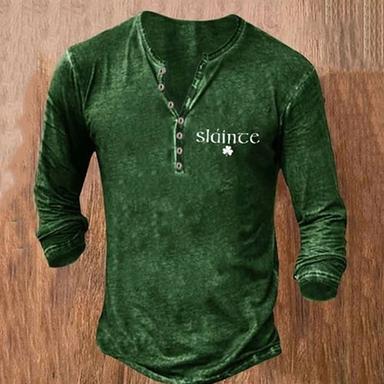 St.Patrick's Day Slance Green Mens 3D Shirt For St. Patrick 'S Day | Summer Cotton | Men'S Henley Tee Graphic Patrick'S Clover Clothing Apparel 3D Print Outdoor Casual Long Sleeve Button Down