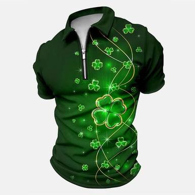 St.Patrick's Day Men's Polo Shirt Golf Shirt Zip Polo Saint Patrick Day St. Patrick's Day Clover Turndown Green Outdoor Street Short Sleeves Zipper Print Clothing Apparel Fashion Designer Casual